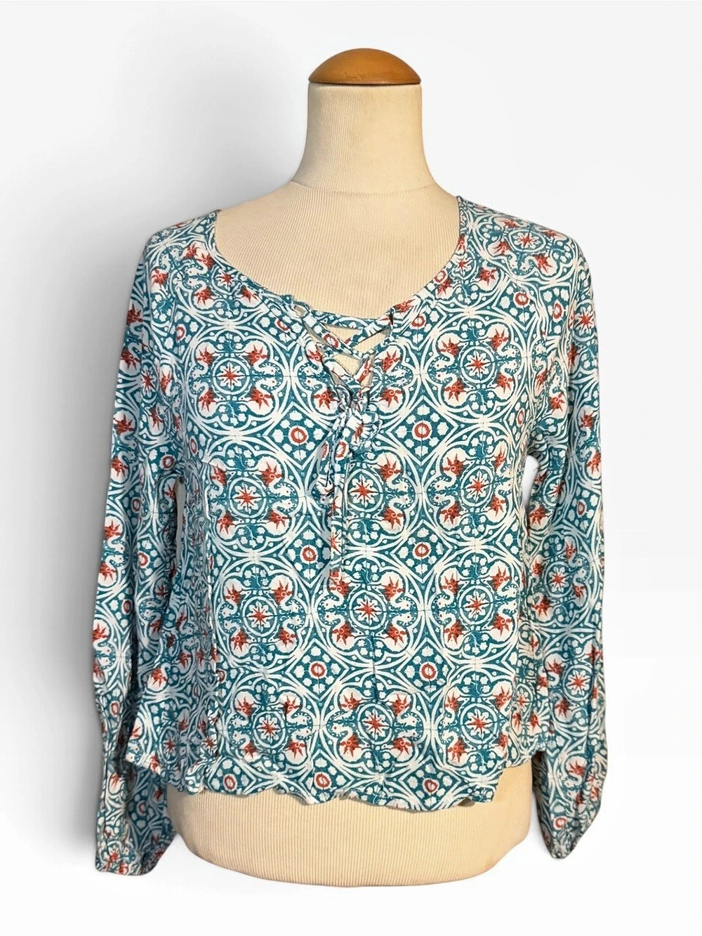 Hollister Geometric Long Sleeve Blouse Blue Orange Size Small